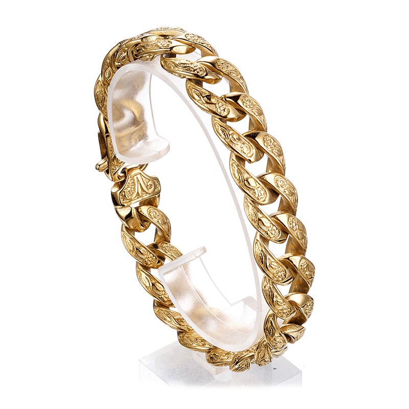 Rvs Goud/Zwarte Cubaanse Miami Ketting Link Armbanden Voor Mannen Jongens Hip Hop Rock Sieraden 15*220 Mm: Gold Color