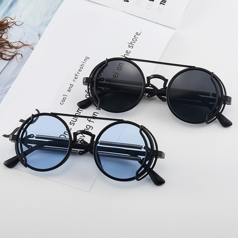 Punk Sunglasses Round Frame Retro Steampunk Style Glasses for Men Women Gothic Decoration Shading Hollow Spring Leg Eyewear