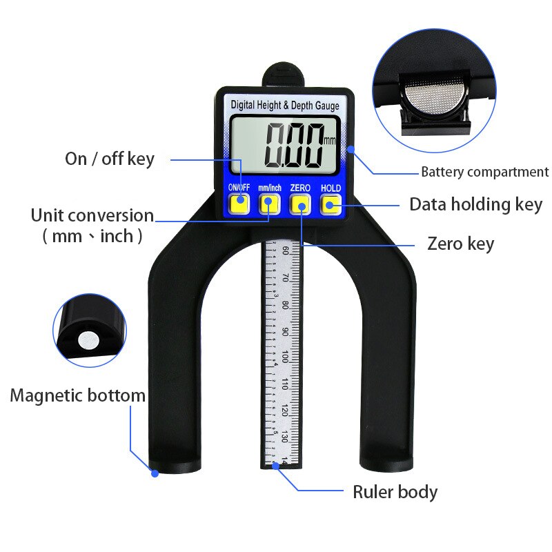 0-80mm Digital Depth Caliper Height Gauge Digital Tread Depth Gauge LCD Magnetic Self Standing Aperture