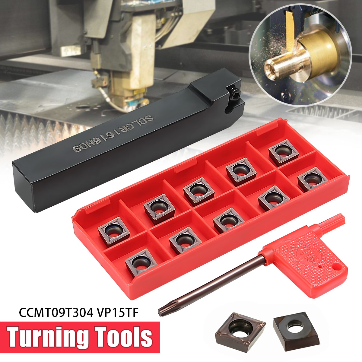 SCLCR1616H09 Gereedschaphouder Kotterbaar met 10 stks CCMT09T304 VP15TF CCMT32.51 Carbide Inserts en Moersleutel Voor Draaibank Draaien Gereedschap