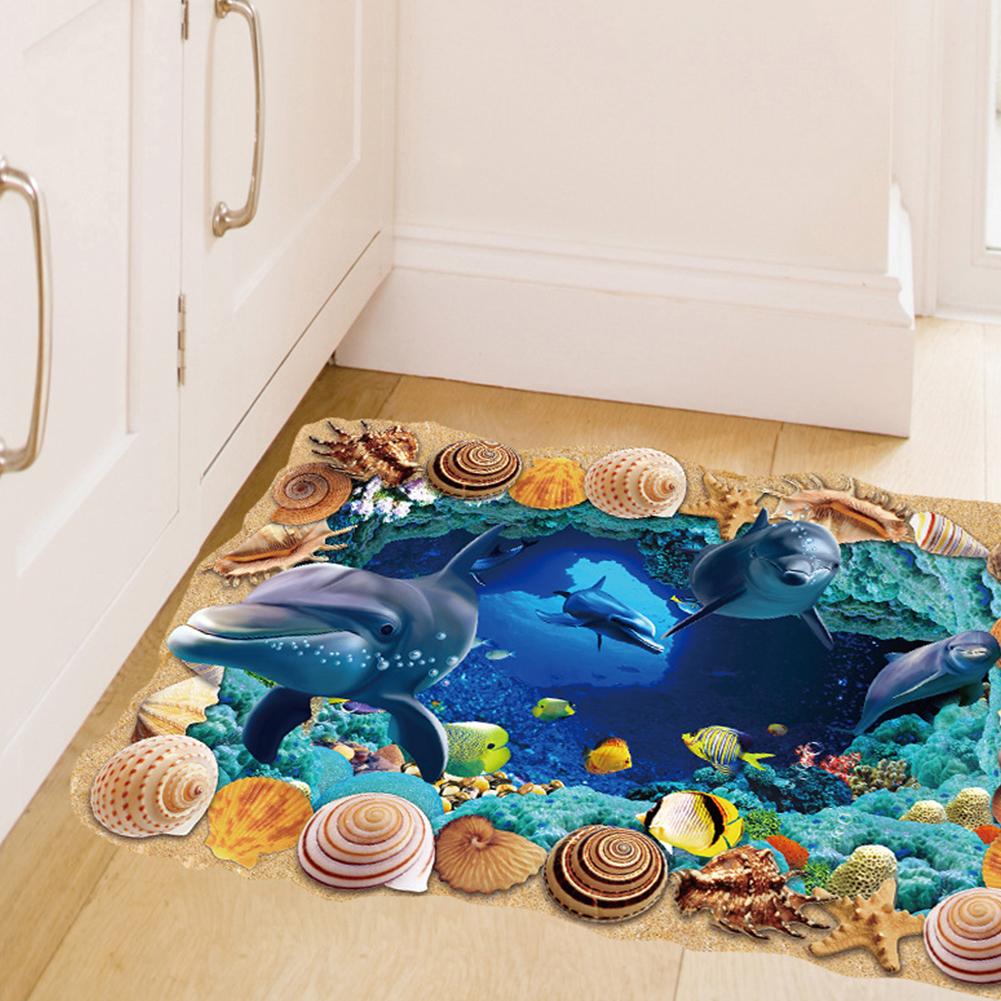 3D Underwater World Cave Stickers Dolphin Wall Decals Living Room Bedroom Kindergarten Floor Decoration Removable Wall Stickers