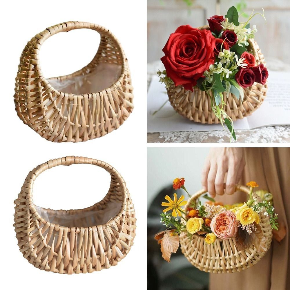 Weiden-Rattan-Blumenmädchen-Körbe, gelb, stabiler Blumenarrangement-Korb, Picknick-Behälter, handgefertigte Halbmondkörbe aus Korbgeflecht