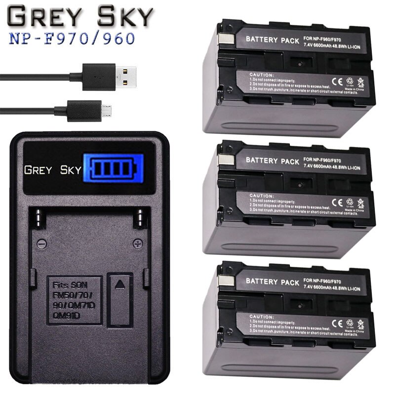 Haute capacité 7.4v 6600mAh NP-F970 NP-F960 NP F970 NP F960 batterie d'appareil photo numérique + chargeur USB pour batterie Sony NP-F960 NP-F970: Charger and 3battery