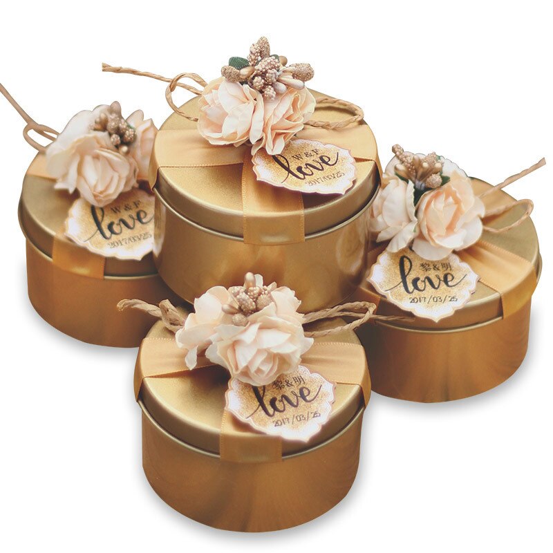Golden Red Empty Tin Box Metal Tin Jars Wedding Candy Storage Boxes With Ribbon Flower Wedding Party Supplies