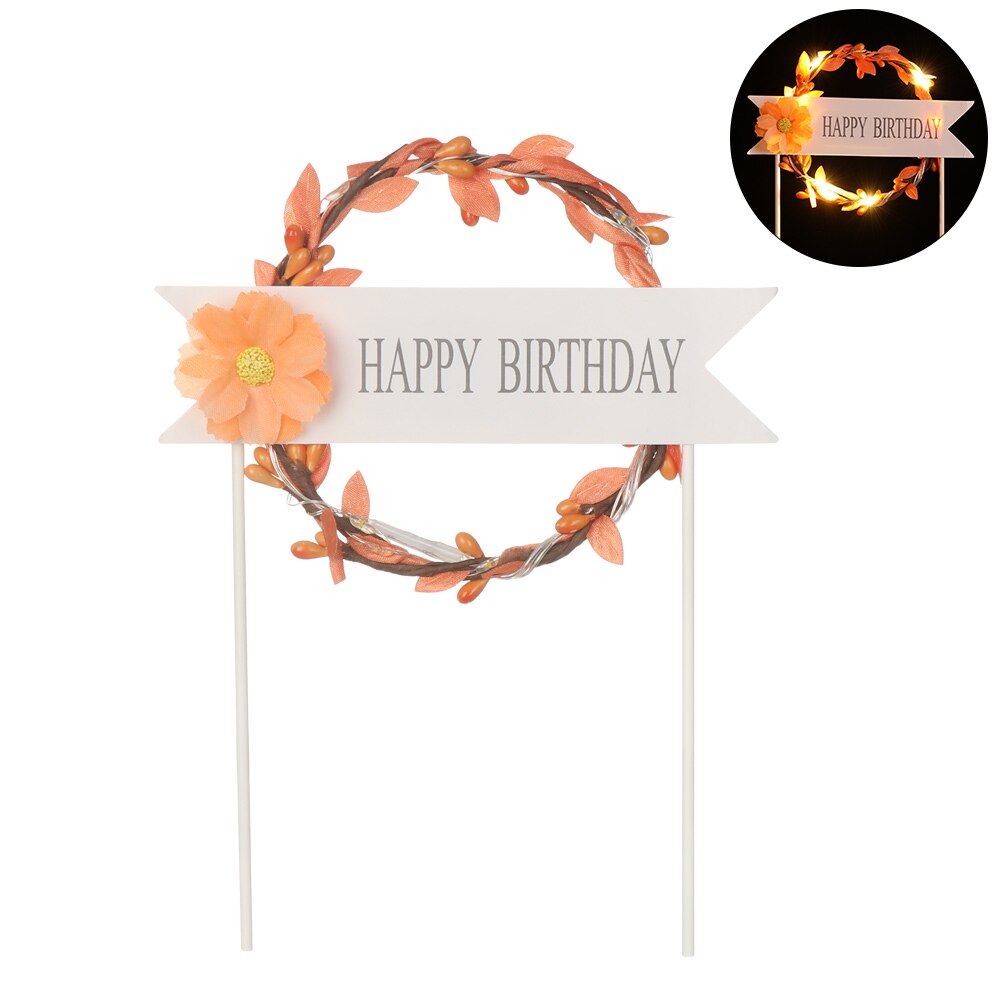 LED Cake Topper Glowing Artificial Garland Cake Topper For Happy Birthday Party Cake Decoration Flower Daisy Year: orange / With LED