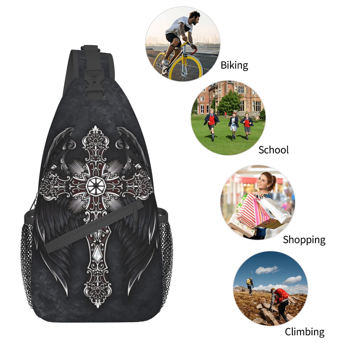 Kreuz Kreuzigung Umhängetasche Sport Kreuz mit schwarzen Flügeln Brusttasche unisex Frauen Mann Schulter Rucksäcke reisen