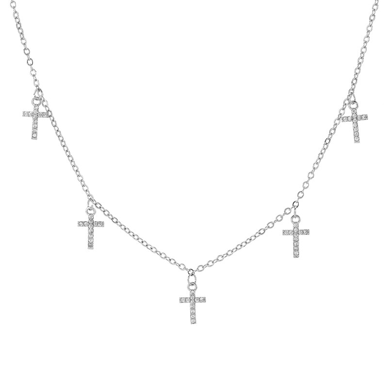 Trendy cubic zirconia fem kryds vedhæng halskæde guld og sølv farve kæde halskæde til kvinder koreanske smykker: Sølv