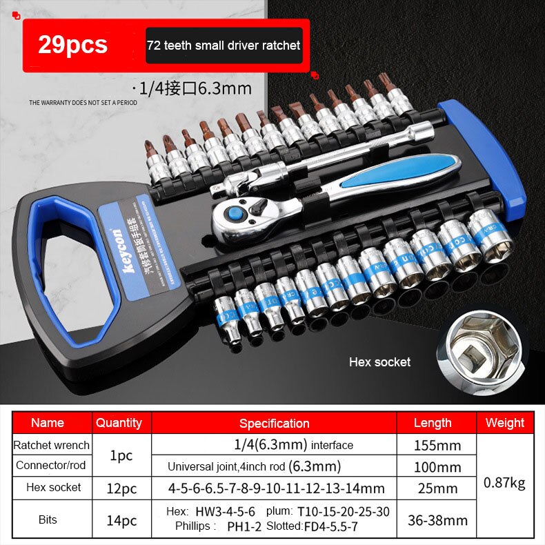 CR-V jeu de douilles à dégagement rapide réversible à cliquet jeu de clés à douille outils avec support suspendu 1/4 "3/8" 1/2 "jeu de douilles: 1-4 29pcs-Blue