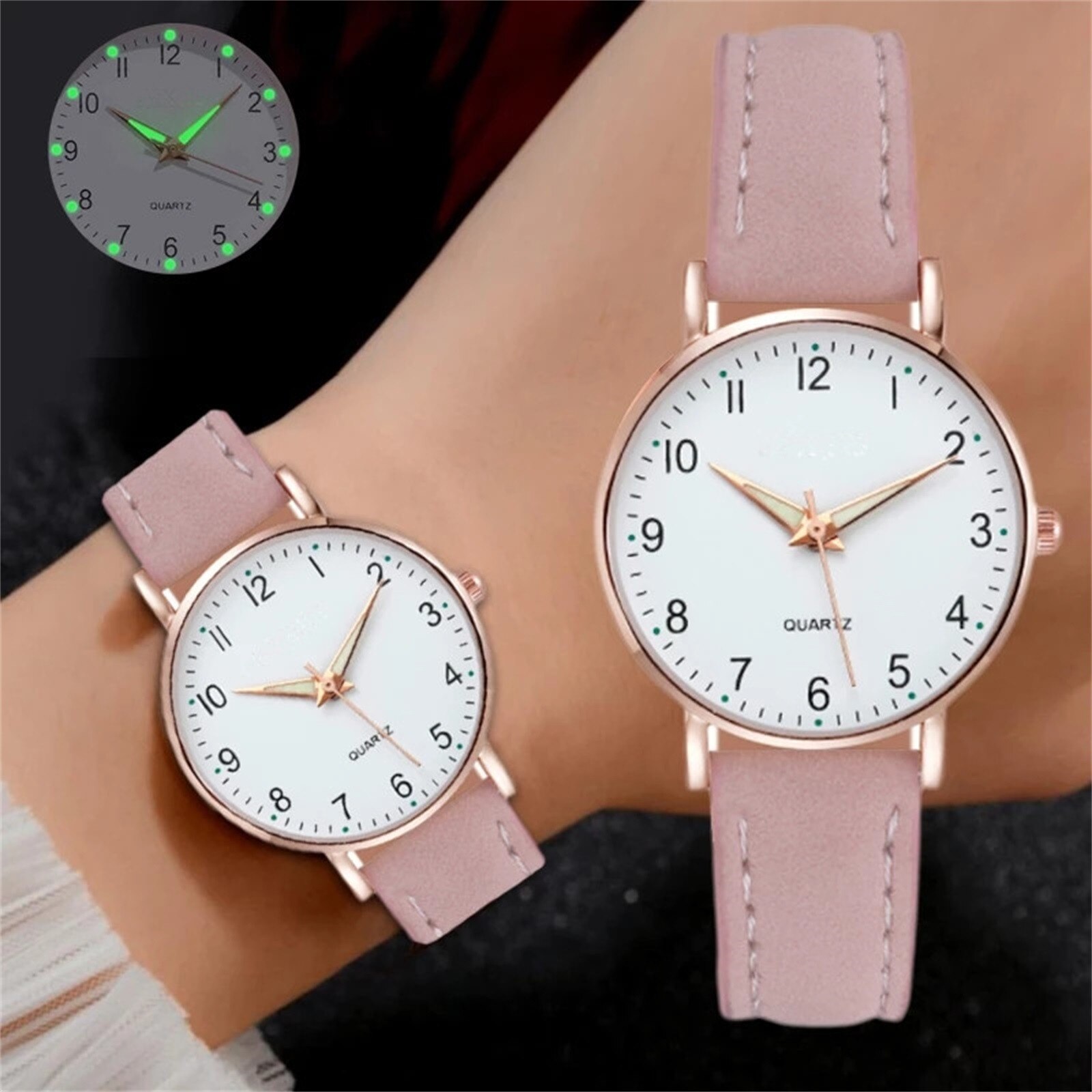 Retro Women's Luxury Leather Band Analog Quartz Wrist Watch Ladies Diamond-studded Luminous Watch Clock Zegarek Damski: Pink