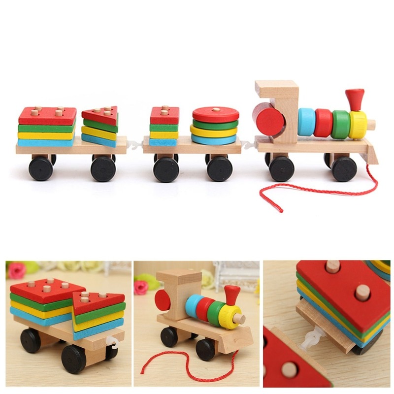 Wooden Train Building Blocks Educational Kids Baby Wooden Solid Stacking Train Toddler Block Toy for Children Birthday