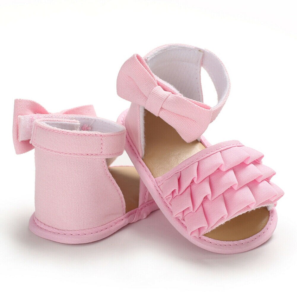Søte sommer baby jenter sandaler volang solid casual canvas småbarn baby jenter myk crib bue sko prinsesse sko tresko: Rosa / 7-12 måneder