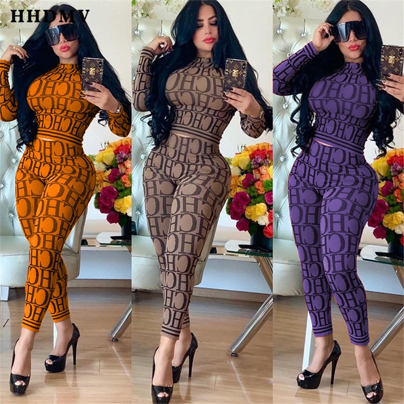 HHDMV KSN5058 neue high street stil sets langarm rundhals kurze top elastische lange hosen buchstaben 2 stück sets