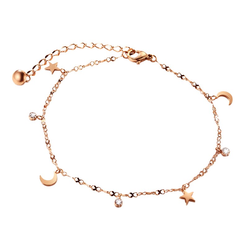 18KGP Rose Gold Color Titanium Steel Moon Star Zirconia Anklet Women 316L Stainless Jewelry (GA121)