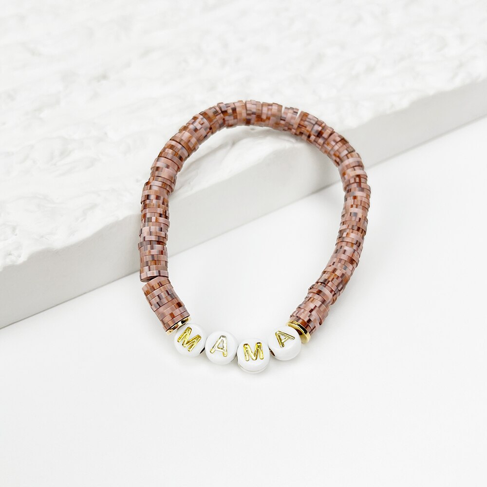 Peri&#39;sbox Cute Handmade Rainbow Polymer Clay Disc Bead Bracelet With Acrylic MAMA Letter For Mother&#39;s Day Jewelry: brown