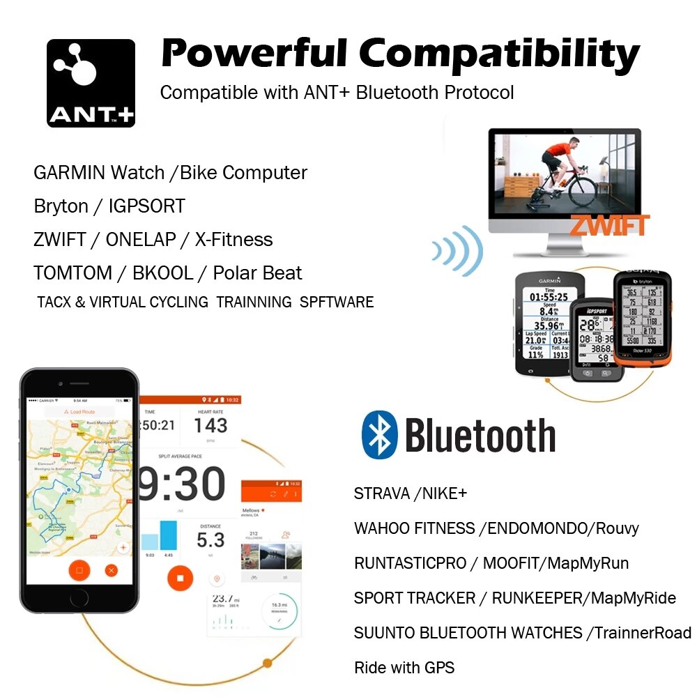 ANT+ &amp; Bluetooth 4.0 Heart Rate Sensor Monitor Chest Strap Bike GPS Computer Bicycle Wahoo Garmin Zwift Strava iGPSPORT Bryton