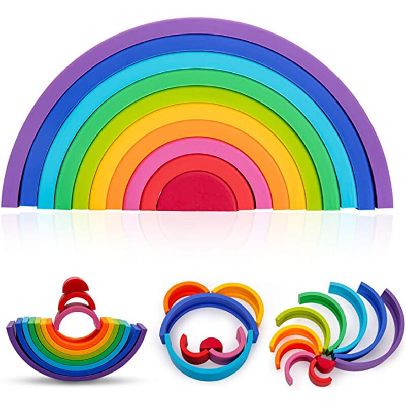 1Set Baby Regenboog Kleuren Siliconen Stapelen Speelgoed Montessori Creatief Speelgoed Bpa Gratis Food Grade Siliconen Vroege Onderwijs Kinderen: Ten Grid Rainbow