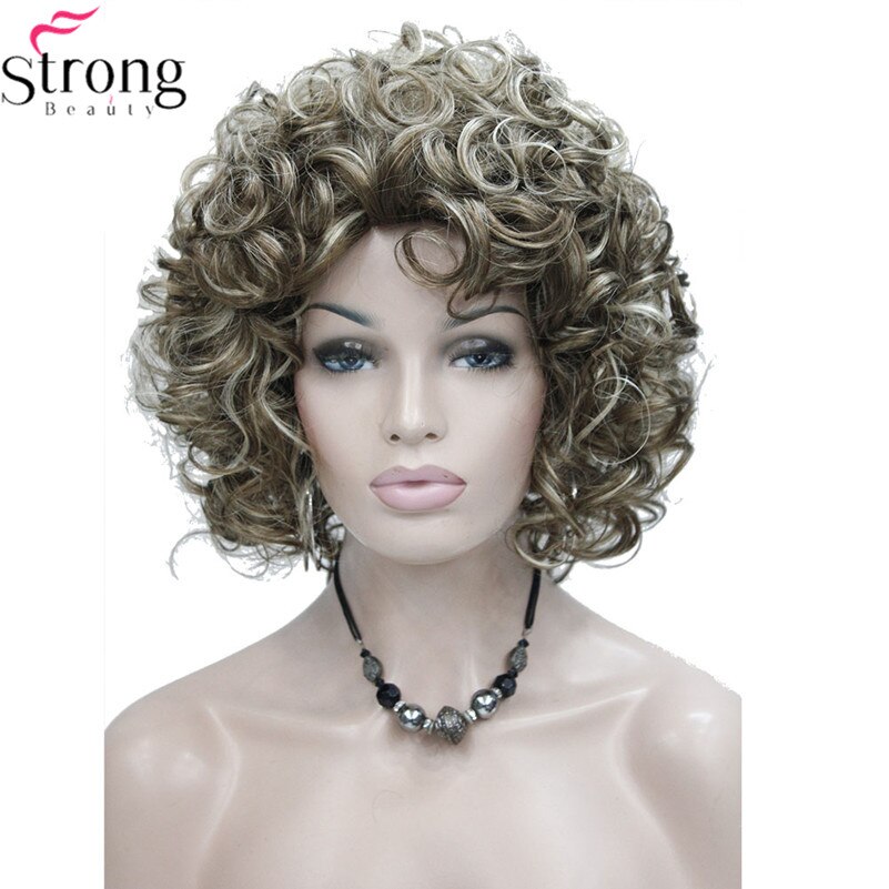 StrongBeauty Korte Stijl Krullend Capless pruik Bruin met Blonde Highlights Synthetisch Haar Pruiken voor Vrouwen KLEUR KEUZES: 12TT26-12