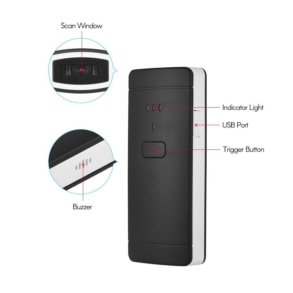 Aibecy Portable Mini Wireless BT Barcode Scanner 1D Handheld Bar Code Reader with USB Cable Receiver Support for Windows XP/Win