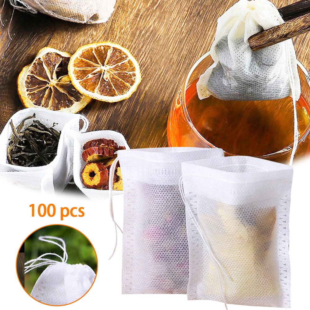 Bolsa de té desechable con sello de cuerda, filtro de tela no tejida de grado alimenticio, bolsa de medicina china, 100 piezas