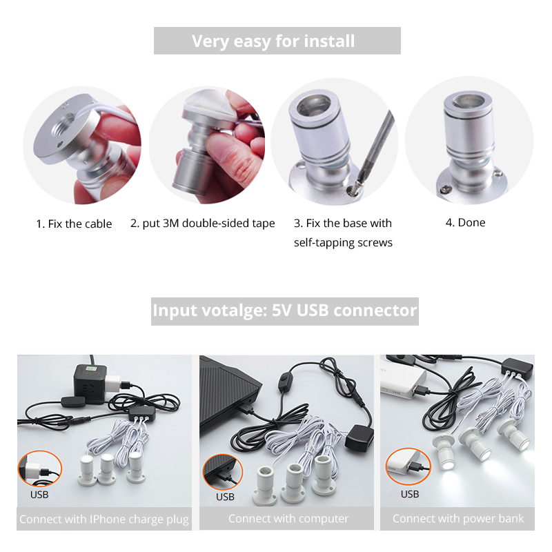 Dimmbar 5v usb-skapbenk spotlightsett s-serie 1 til 1 - 10 ledet-lamper
