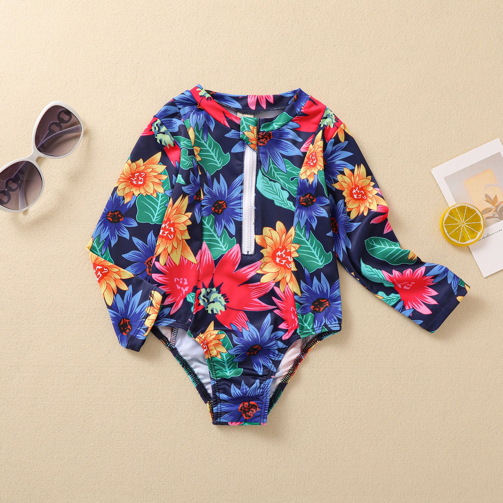 Toddler Baby Kids Girls Boys Baby Beach Swimwear Bathing Suit Swimsuit Beach Zipper Flower Print One-Piece Beach Swimwear