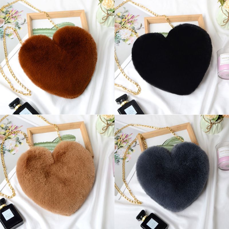 Super Cute Heart Hairy Mini Shoulder Bags Furry Plush Messenger Bags Small Purse Cross Body Handbag for Women Girls