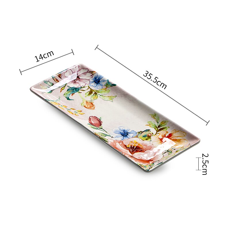 Underglaze Ceramic Plate French Home Rectangle Snack Tray Hand Painted Flower Decorate Dinner Plates Dining Table Decor: Plate-35.5x14x2.5cm