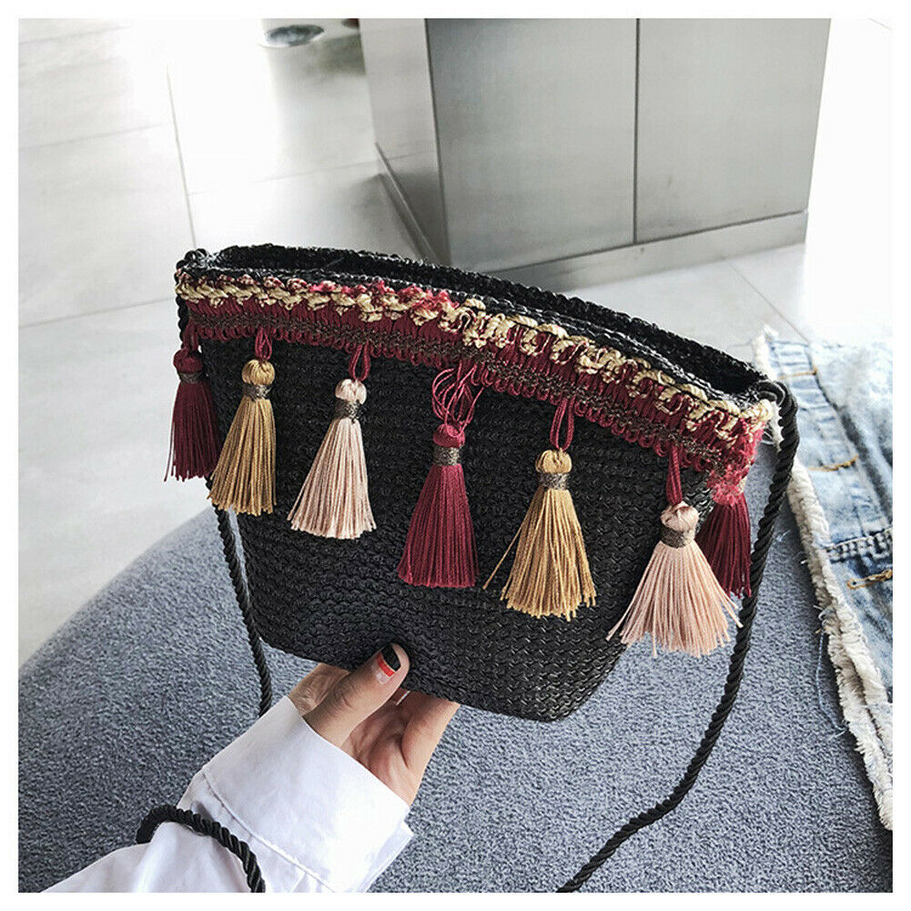 Donna di modo di Paglia Crossbody Borsa Delle Signore di Sacchetto casuale A Tracolla Piccola Nappa Borsa Da Spiaggia proprietà Borsa lembo Rattan Borsa per Le Donne: nero