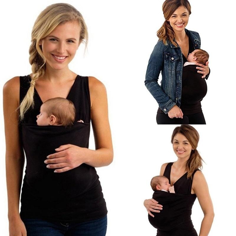 Draagzak Kleding Kangoeroe T-shirt Voor Moeder Met Baby Korte Mouwen Grote Pocket Multifunctionele T-shirt Ouderschap Baby Carrier