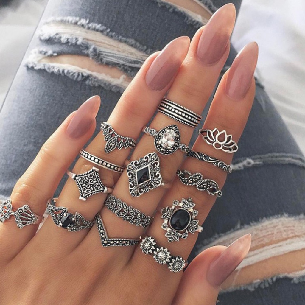 15Pcs Vintage Women Mid Rings Set Flower Crown Hollow Out Joint Knuckle Nail Ring Jewelry rings for women anillos mujer