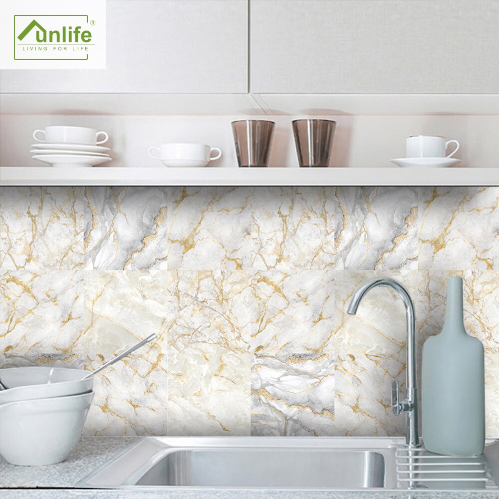 Funlife® White and Gold Marble Tile sticker Peel &amp; Stick Removable Wallpaper Kitchen Backsplash Waterproof Self-Adhesive kitchen