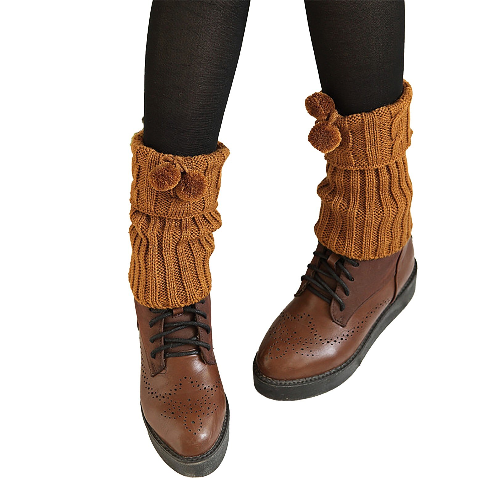 Calentador de piernas para mujer, 1 par, cálido, hasta la rodilla, punto giratorio, Bola de Pelo, ganchillo, calcetines, calentadores de bota: Yellow
