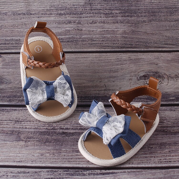Pigesandaler sommersko lærred børn spædbørn småbørn baby pigesko blød sål sløjfe knude slip prewalkers sandaler: Blå / 13-18 måneder