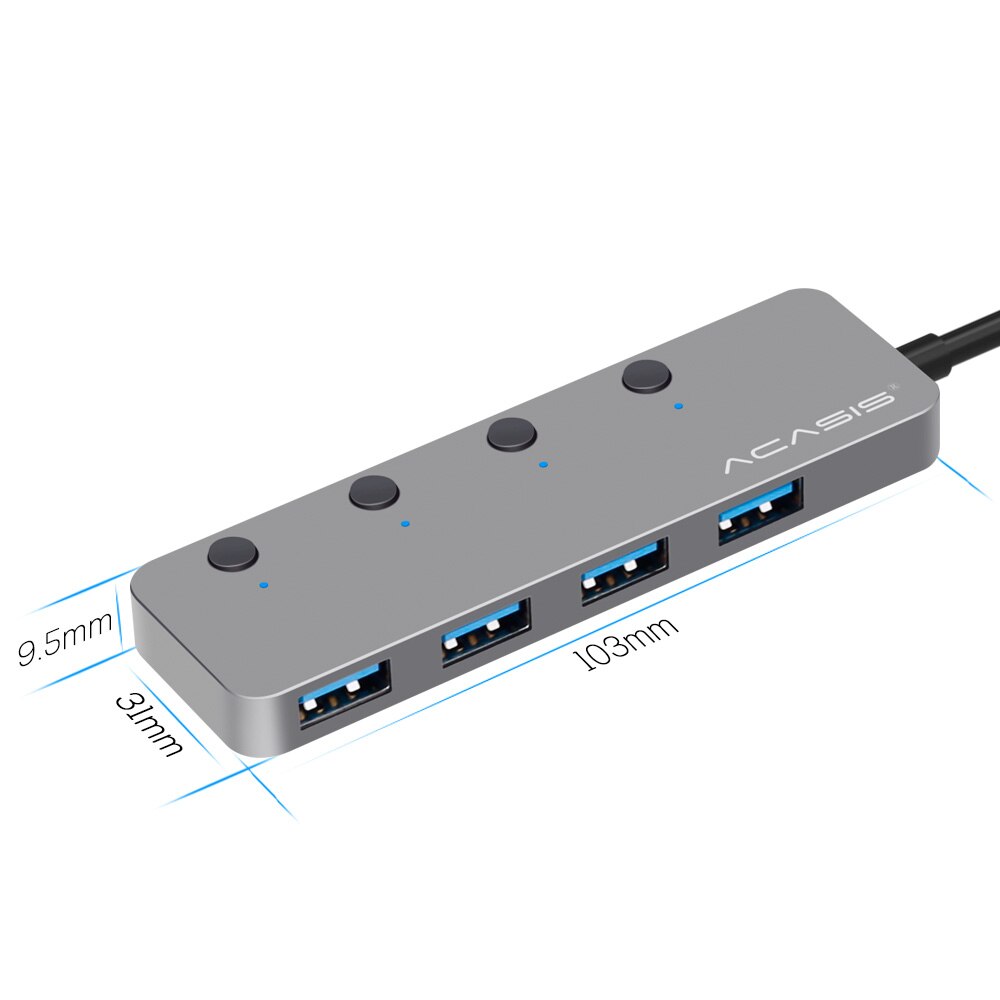 Acasis slim high speed usb 3.0 hub switch, externe 4 -poorts usb-splitter met laptop 4- poorts adapterhub - gray line 20cm