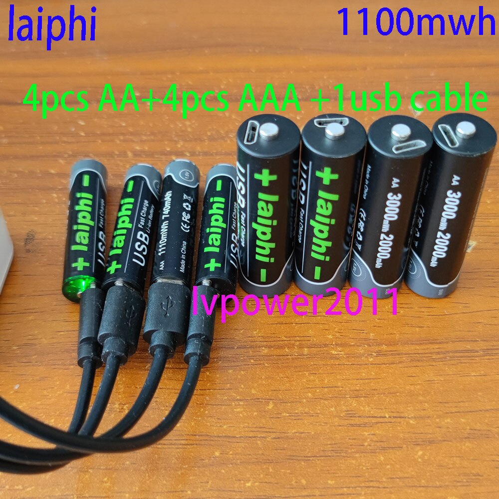 Laiphi-Batería de polímero de litio recargable por USB, Pila de li-ion de alta capacidad, AAA, 1,5 V, 1100mwh: 4AA4AAA ad usb cable