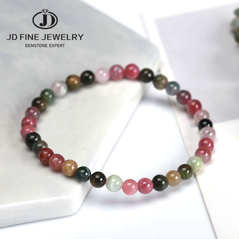 JD-pulsera de cuentas redondas con facetas de turmalina Natural, brazalete de 4mm, 12mm, grande, redonda, colorida, joyería elástica