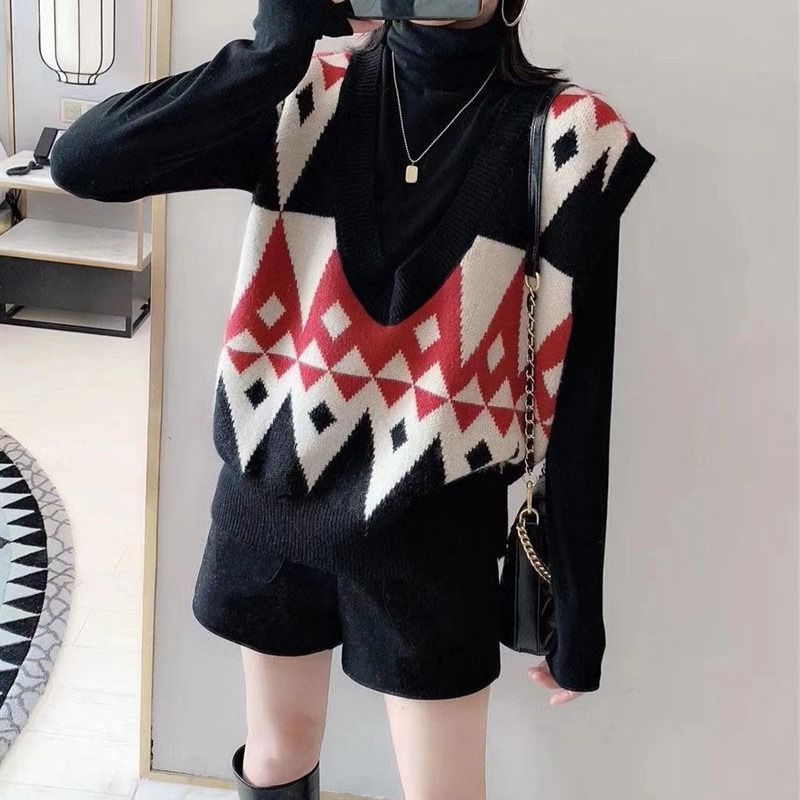 Trui Vest Vrouwen Breien Geometrische Argyle Retro Herfst Koreaanse Stijl Dames Truien Winter Alle-Match Uitloper Tieners Losse: red / XXL
