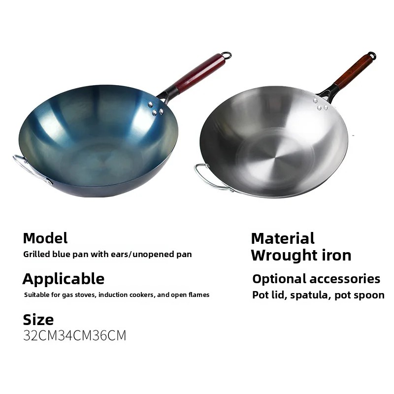 Traditionele wok met platte bodem, ongecoat en ingebrand, geschikt voor thuisgebruik, elektrische keramische kookplaat, antiaanbaklaag.