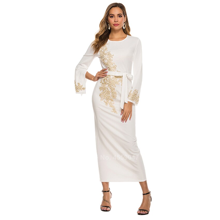 Islamisk tøj muslimsk robe til kvinder mandlige saudi arab dubai perlearbejde blomstret solid lang robe abaya cardigan bælte