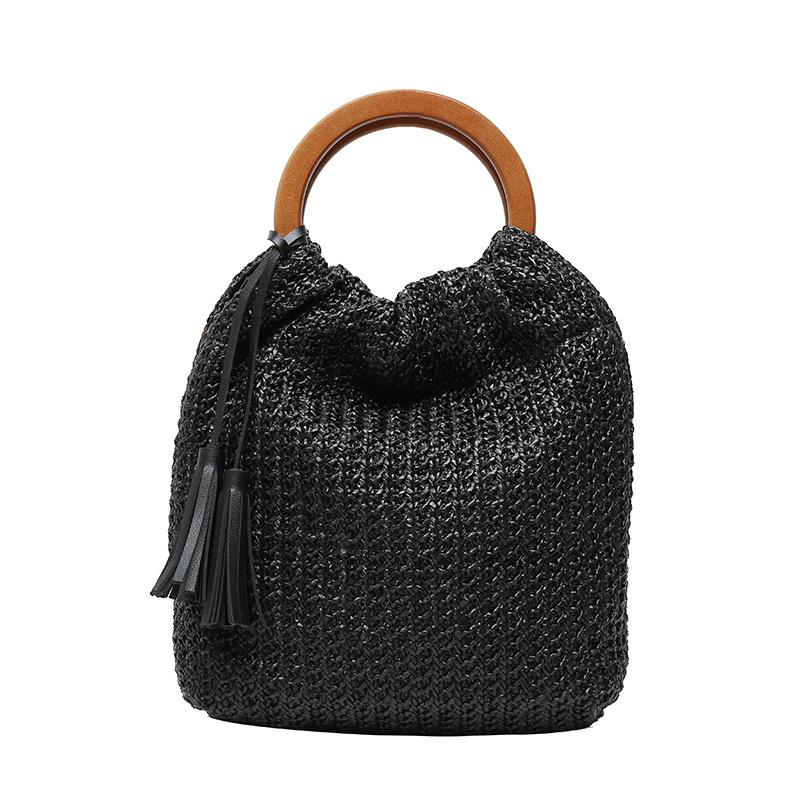 #39 dameshandtas zomer stro strandtas bohemian dames netvak holle ronde handgreep tote met hout: Zwart