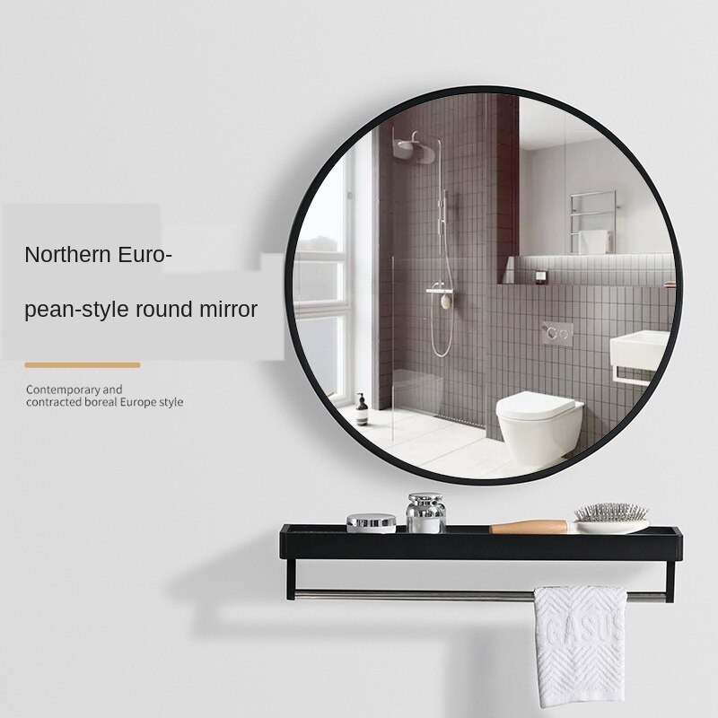 Nordic round Hand Washing Bathroom Mirror Bathroom Mirror Wall-Mounted with Shelf Comb Makeup HD Simple Home