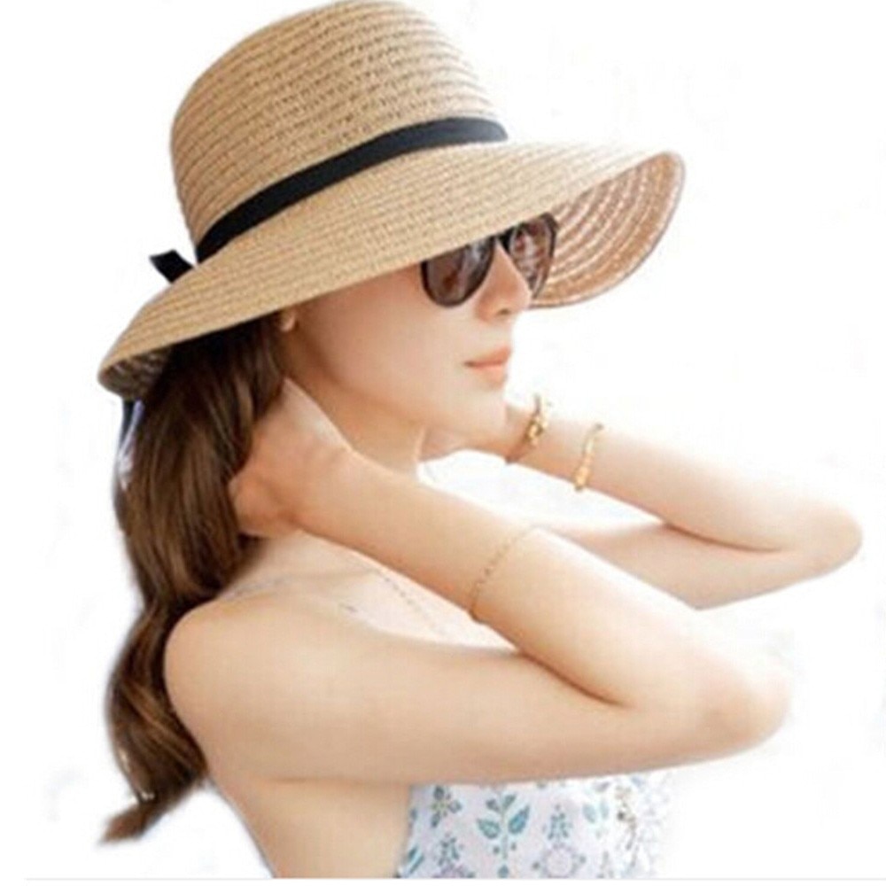 Hat floppy foldbar dame damer strå strandsol sommerhat beige bred skygge