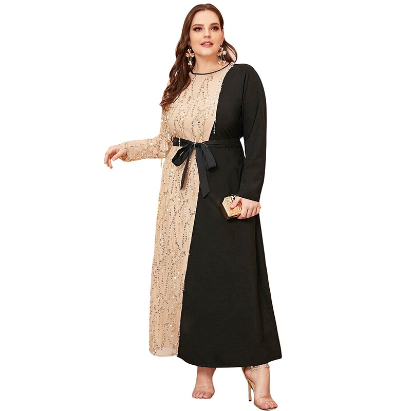 Lovertjes Contrast Patchwork Elegante Partij Jurk Plus Size 5XL Vrouwen Zomer Lange Mouwen Casaul Jurk Maxi Lange Moslim Jurken: XL