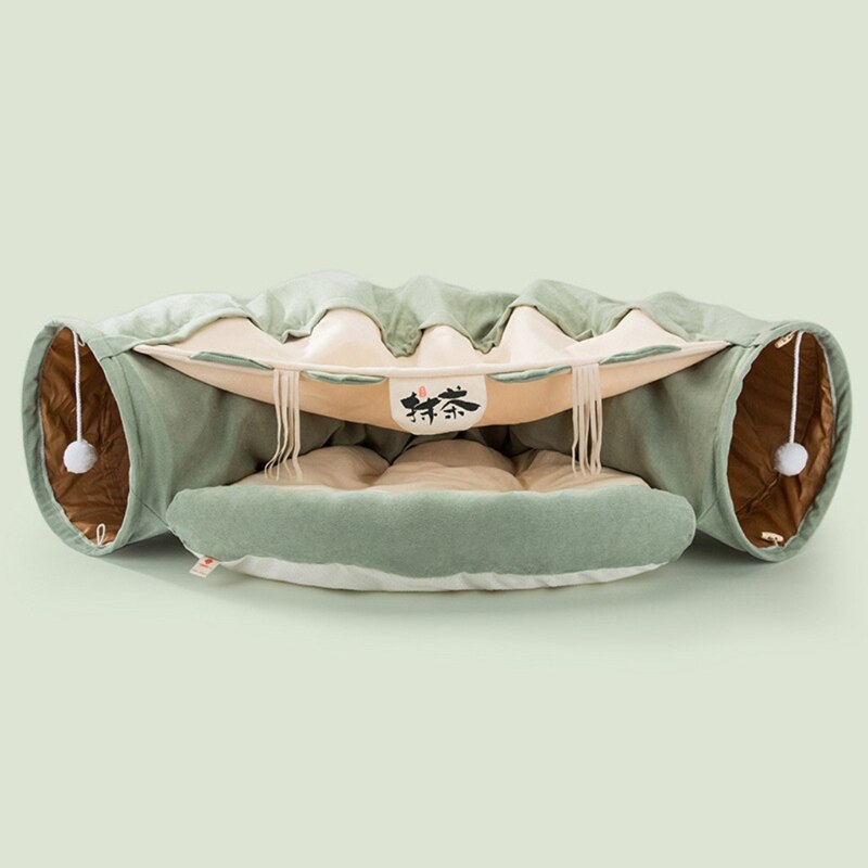 Lit Tunnel pliable avec tapis, 2 voies, avec boule à gratter, jouets interactifs, maison pour chat, chiot, chaton