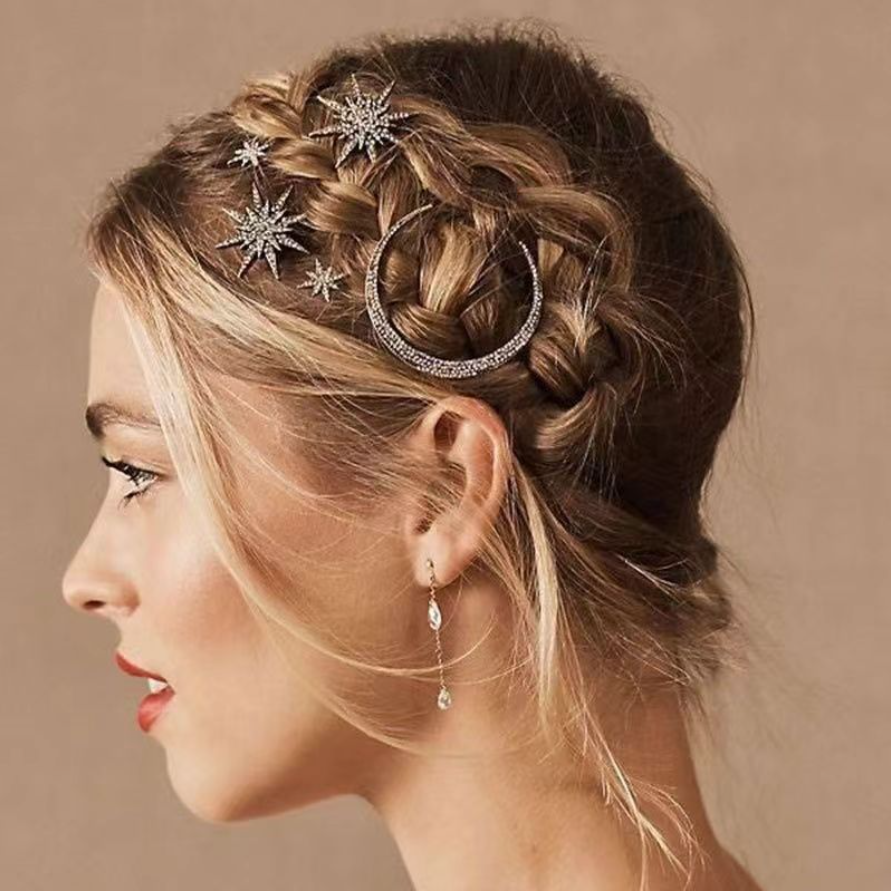 Horquillas laterales de cristal para mujer, pasadores de Metal para el cabello, accesorios para el cabello para niña, conjunto de Clips de diamantes de imitación con estrellas y Luna, horquillas de estrella