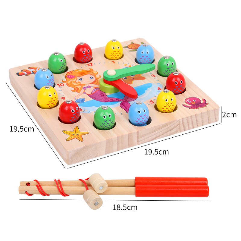 Colorful Baby toy Learning Education Wooden Clock Toy Cartoon Penguin Mermaid Fishing Game Clock Number Time Funny Gadgets Toys