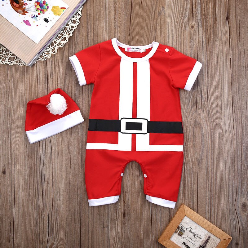 Spring Autumn Christmas Baby Boy Girl Santa Romper Short Sleeve Jumpsuit Hat Outfits Clothes