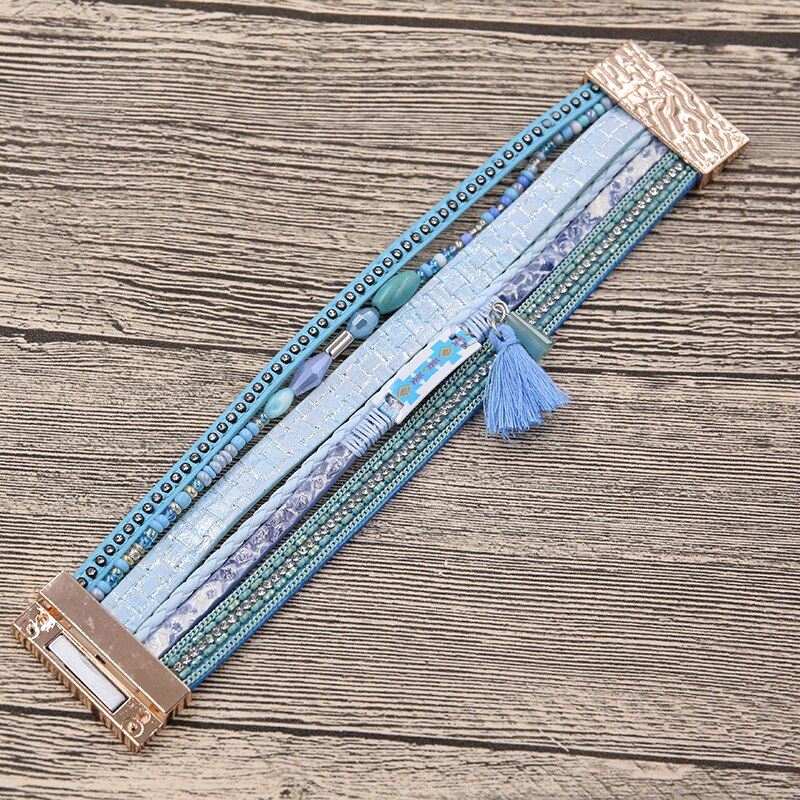 STRATHSPEY Etnische Kwasten Sieraden Armband Vrouwen multi-layer Lederen Touw Strass Magneet Sluiting Bangle Bracelete Feminino Blauw
