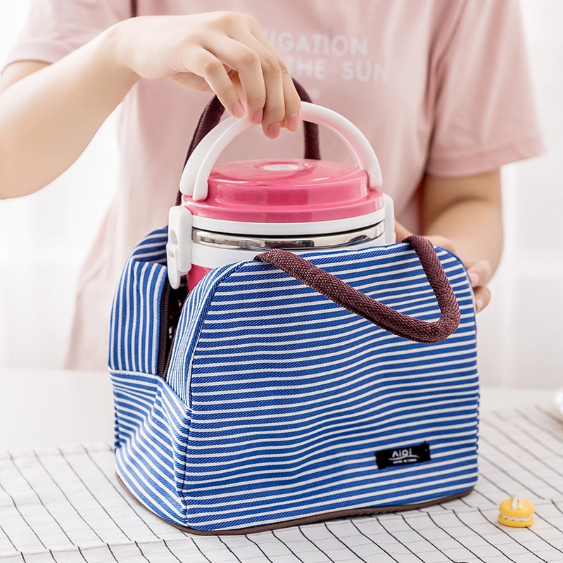 Frauen Tragbare Mittagessen Tasche Leinwand Streifen Isolierte Kühltaschen Thermische Lebensmittel Picknick Mittagessen Taschen Kinder Lunch Box Tasche Tote Lancheira