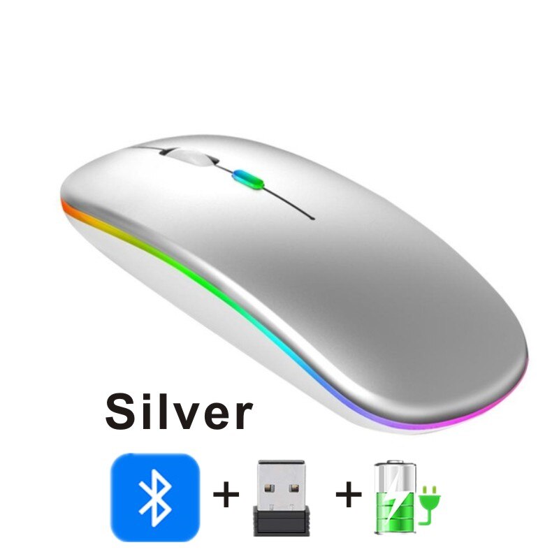 silent Wireless Mouse Bluetooth Rechargeable Ergonomic Mause USB RGB Magic Computer Wireless Mouse For Macbook Laptop PC iPad: Silver